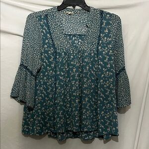 ODDY Teal Floral Blouse with Flared Sleeves